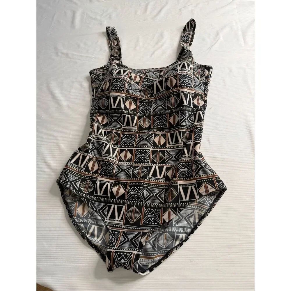 Gottex One Piece Swimsuit US 14 Black Tribal Geometric Tummy Control Israel